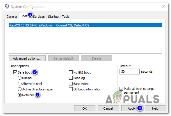 Once the system configuration window opens, click on the "Boot" tab. Check the "Safe boot" option and select the option below that specifies "Network." Click "Apply".
