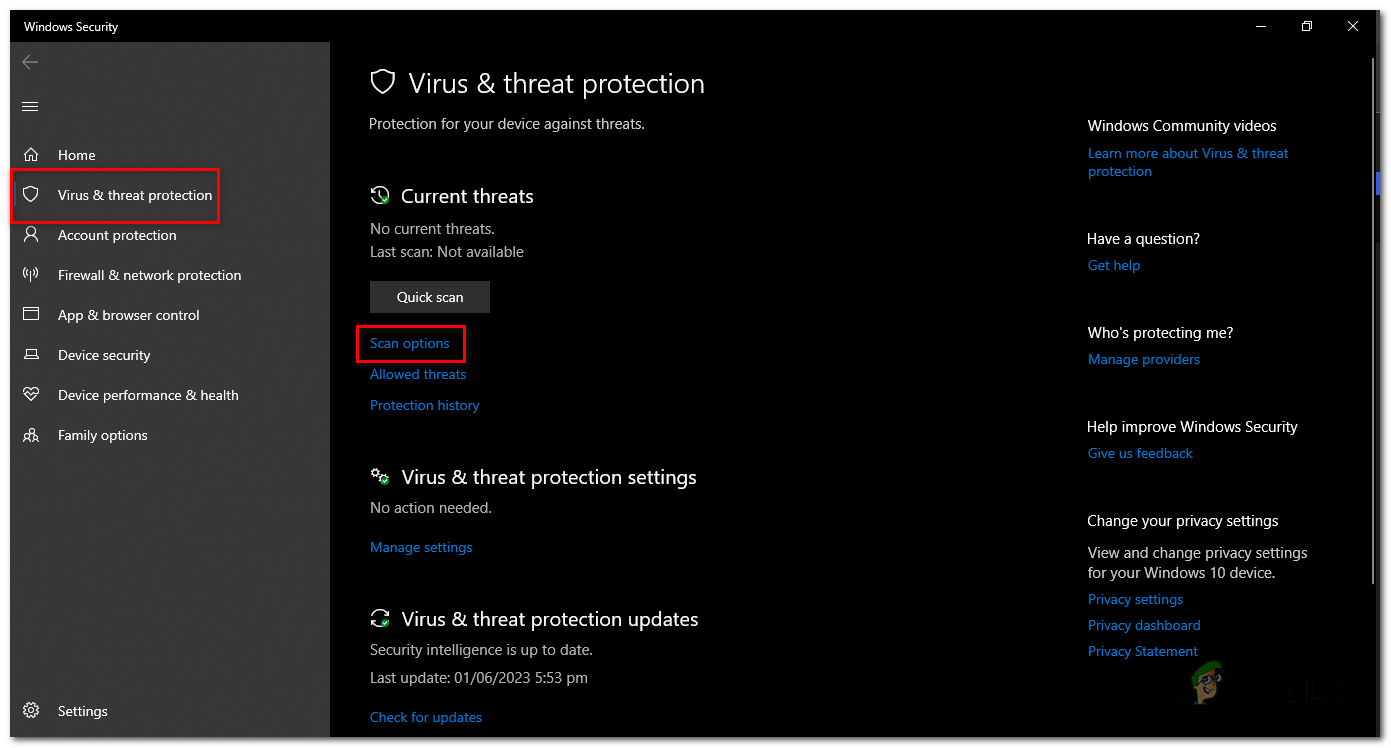 Inside "Virus & threat protection" tab, under the "Quick scan" option, press "Scan options".