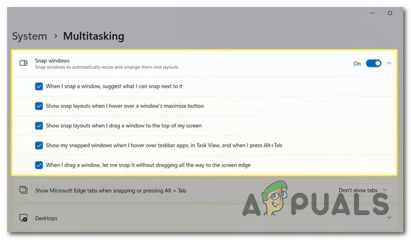 If Snap windows is disabled, turn it back on.