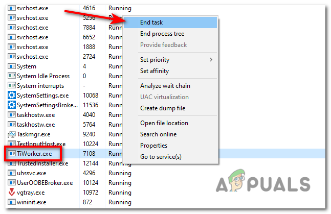 Alternatively, you can right-click on the "TiWorker.exe" and select End Task.