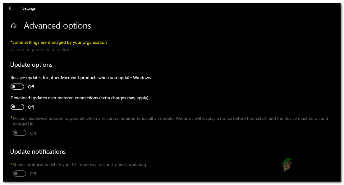 In the "Advanced options" window, toggle off all the options related to Automatic Windows Updates to disable automatic updates.