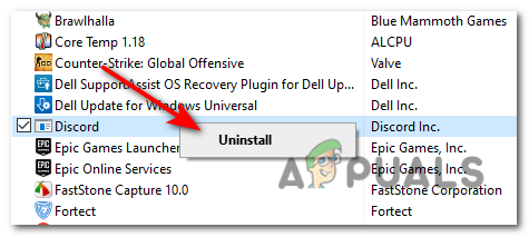 Right-click on "Discord" and select "Uninstall" from the context menu.
