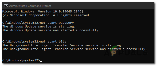 Go back to the Command Prompt window and type the following commands one by one, pressing Enter after each: "net start wuauserv" and "net start bits".