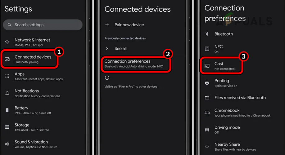 Open Cast in the Connection Preferences of the Google Pixel Phone