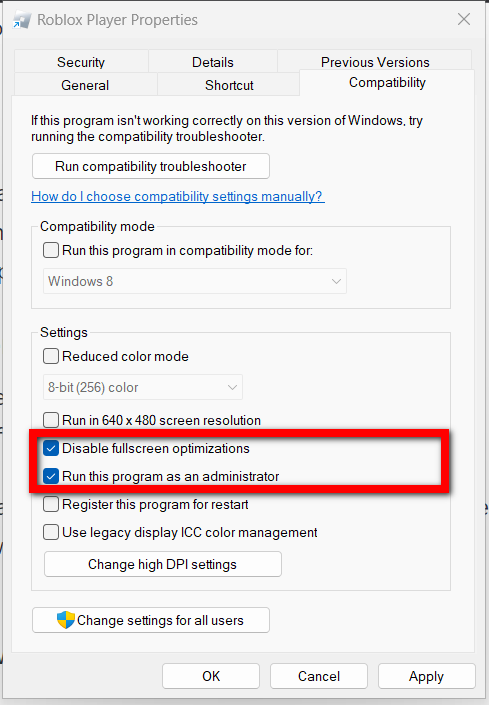 Setting the game to always run as an administrator