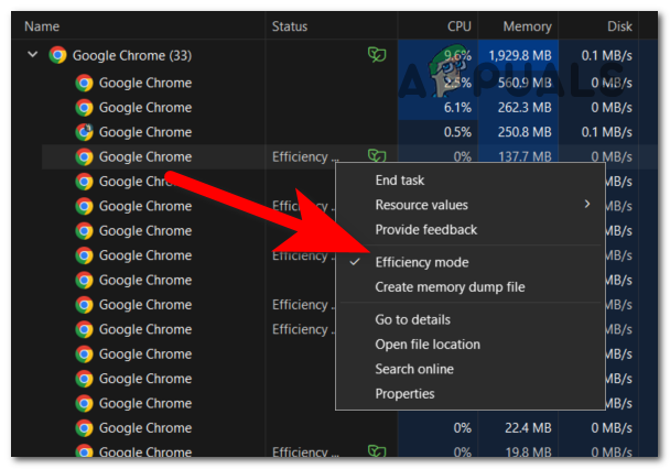 Disabling the Efficiency Mode from Task Manager