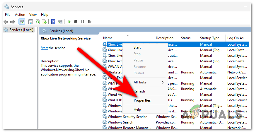 Opening the Properties of the service