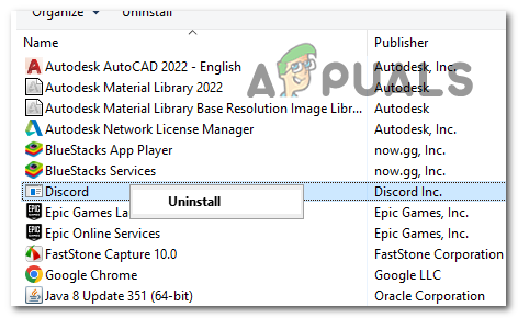 Right click on Discord and then click "Uninstall."