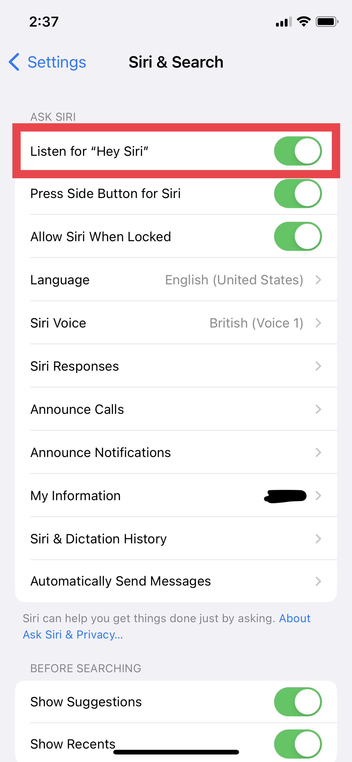iPhone listen for hey siri screenshot