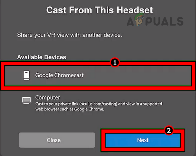 Select the Google Chromecast as the Casting Device for the Quest 2 Headset