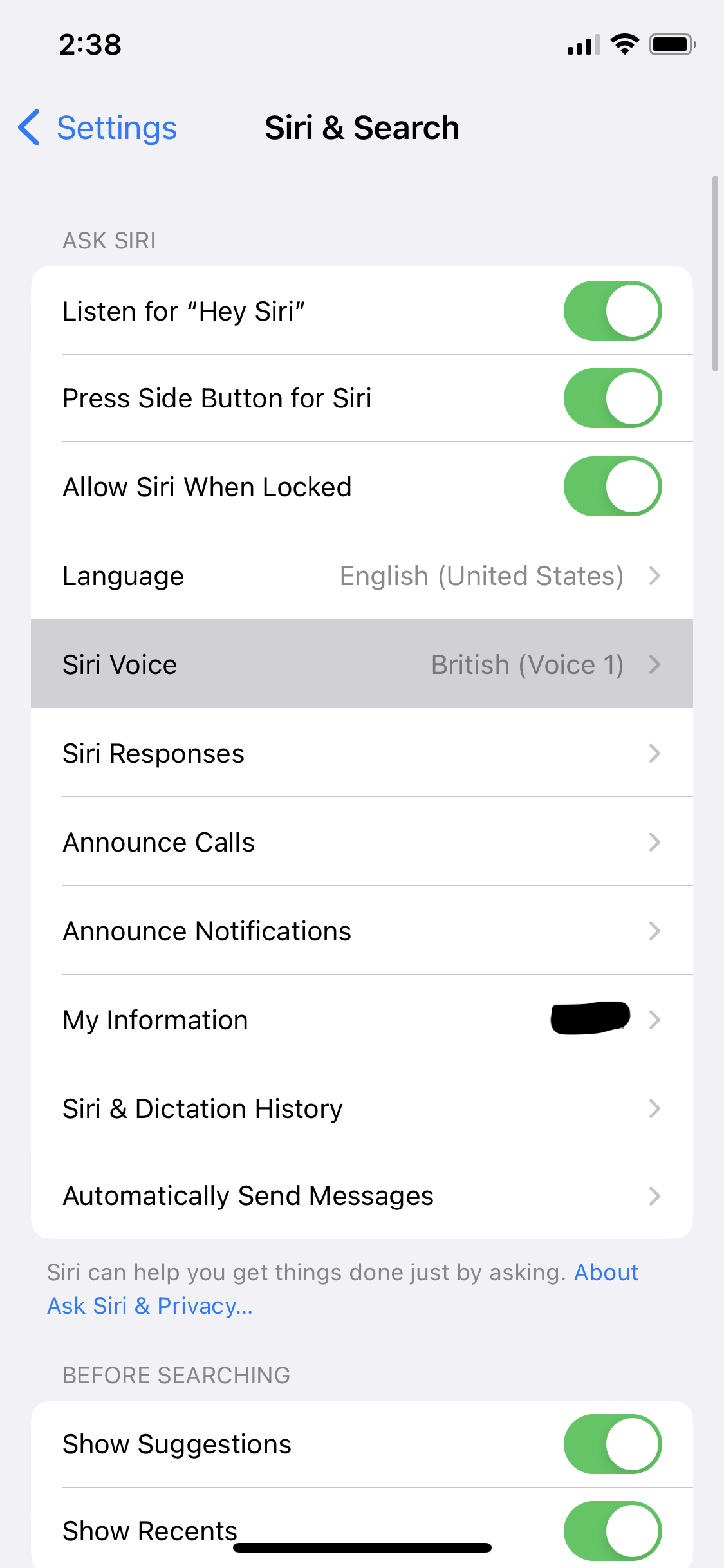 iPhone Siri Voice settings screenshot