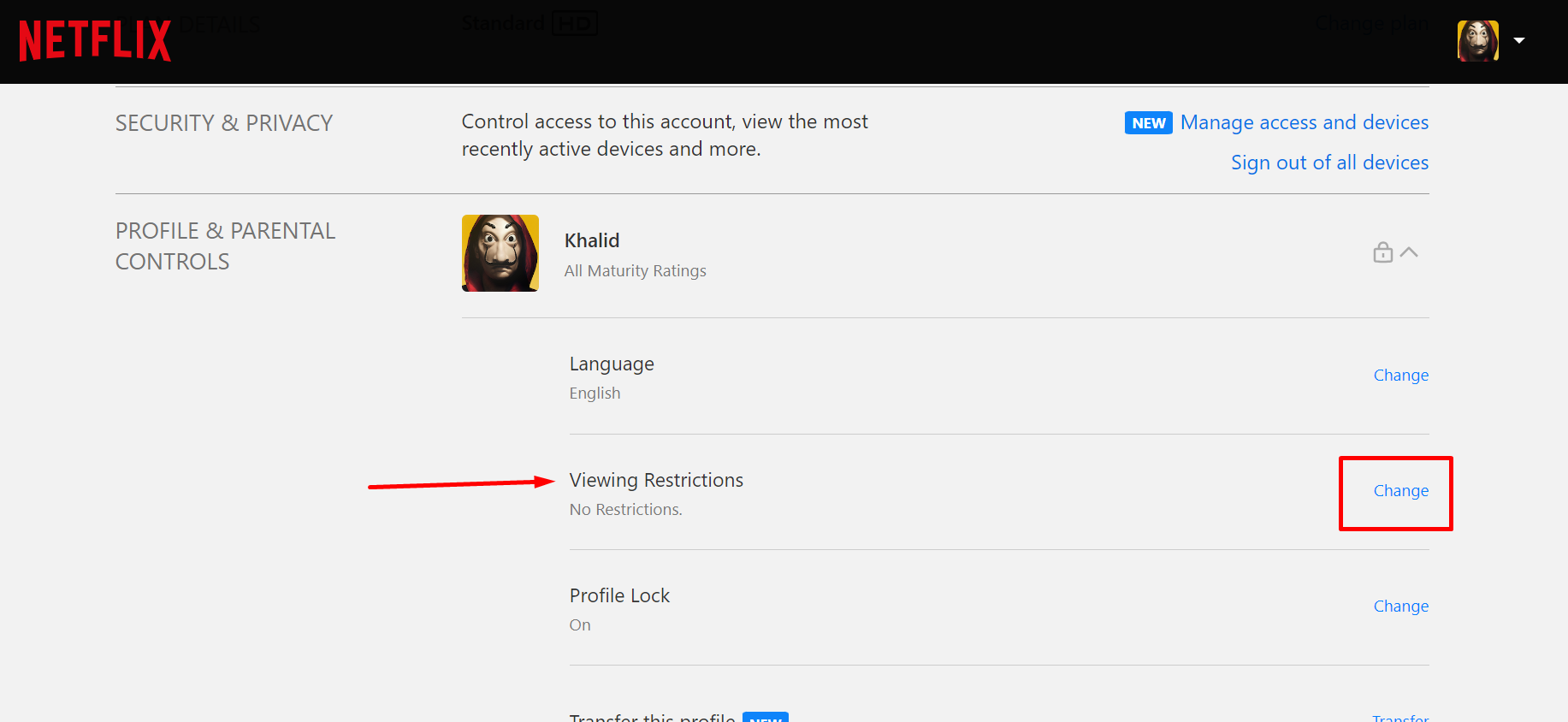 Click on Change in front of Viewing Restrictions option