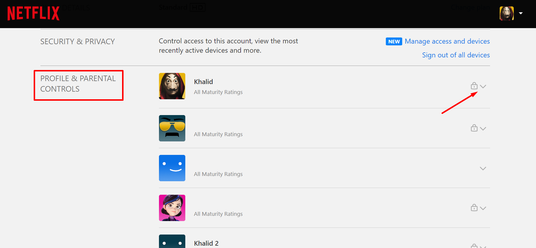 Click on the profile drop down arrow