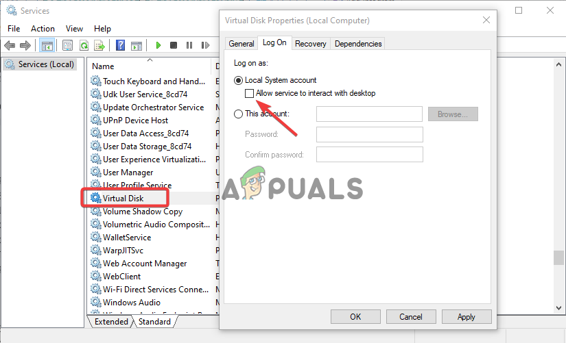 Unable to connect to Virtual Disk Service