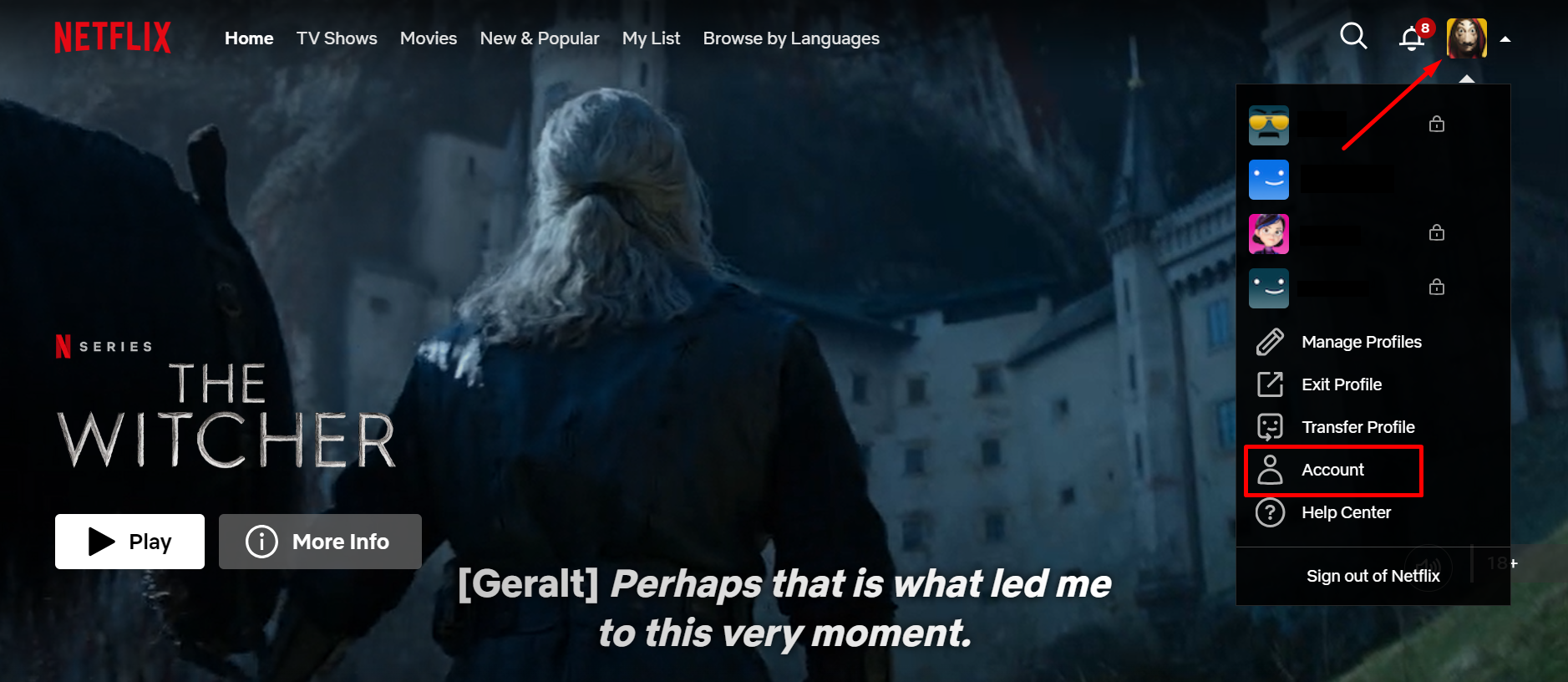 Open account page from the menu