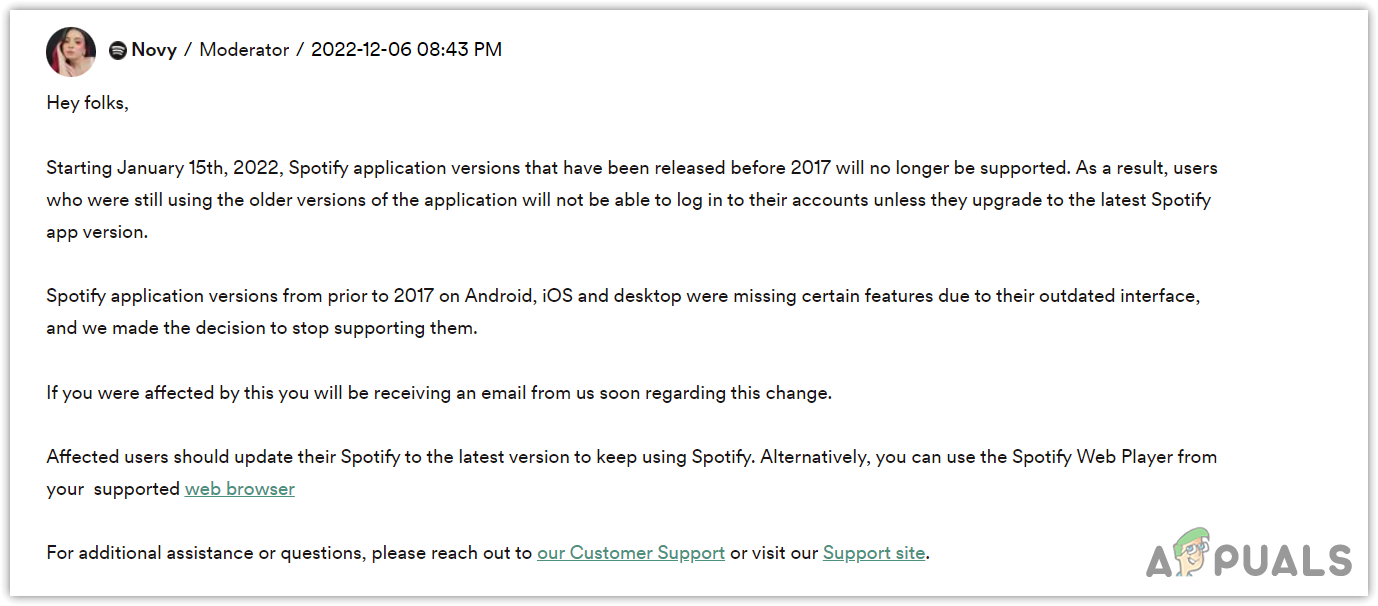 Moderator Novy's message from official Spotify post