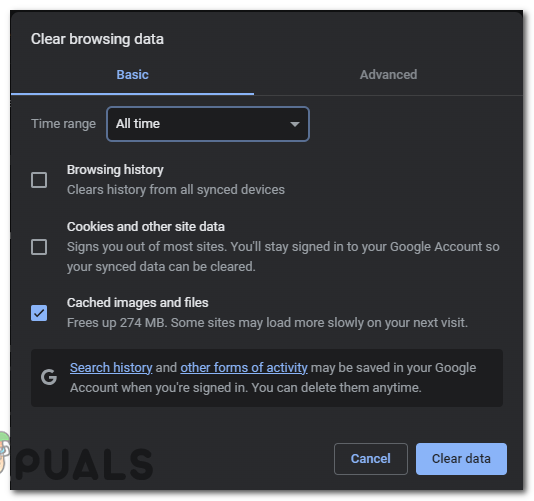 Select "All time", "Cookies and other site data", and "Cached images and files" and press the "Clear data" button.