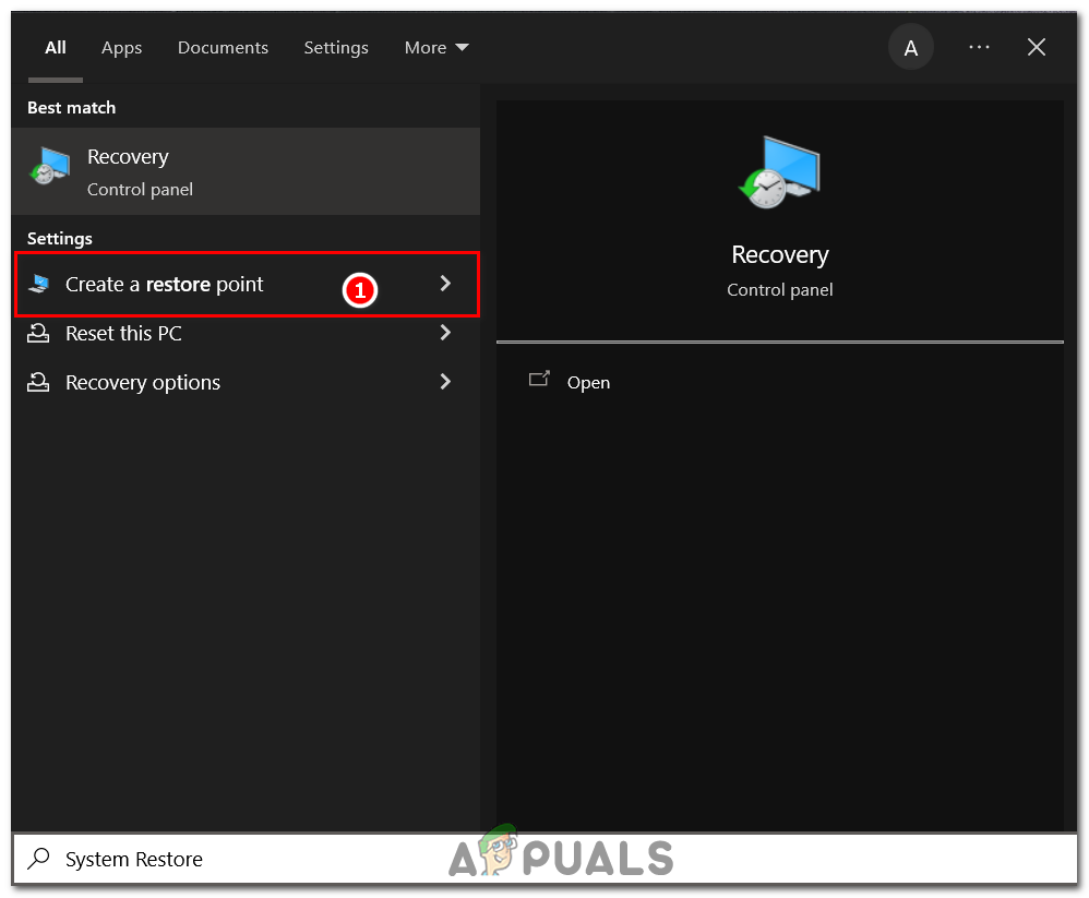 Type "System Restore" and select "Create a restore point".