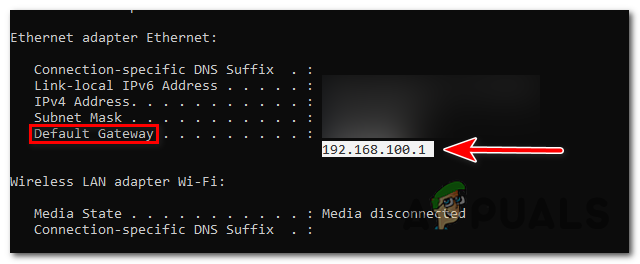 Scroll through the results and locate the entry that says "Default Gateway".