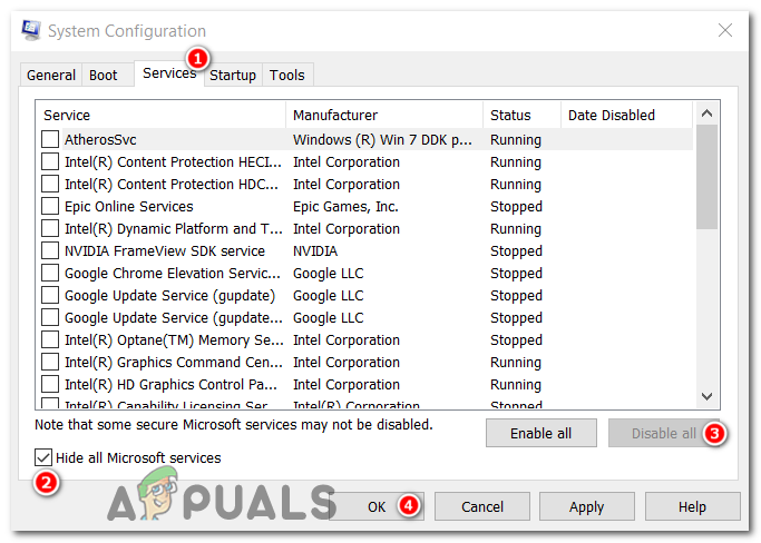 Go to the Services tab, press Hide all Microsoft services, select Disable all and press OK.