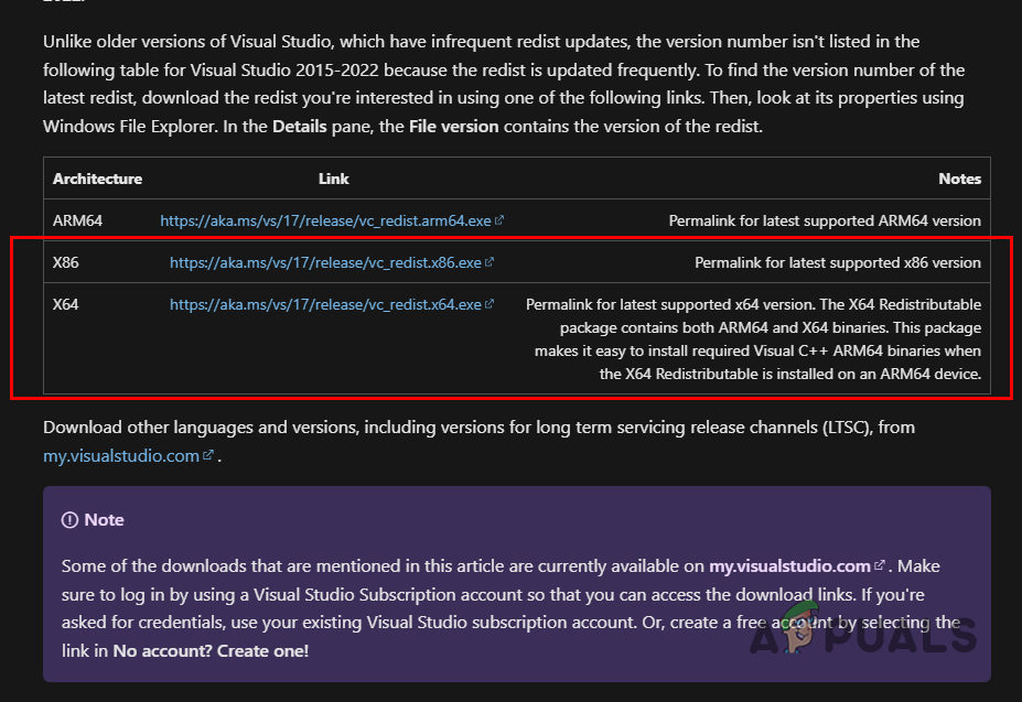 Downloading Visual C++ Redistributables