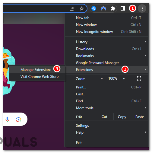 Hover over "Extensions" to open a side menu, and then click on "Manage Extensions."