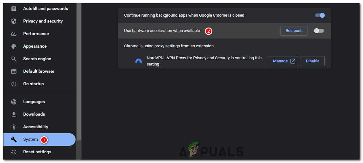 Under the "System" section, find the option that says "Use hardware acceleration when available."