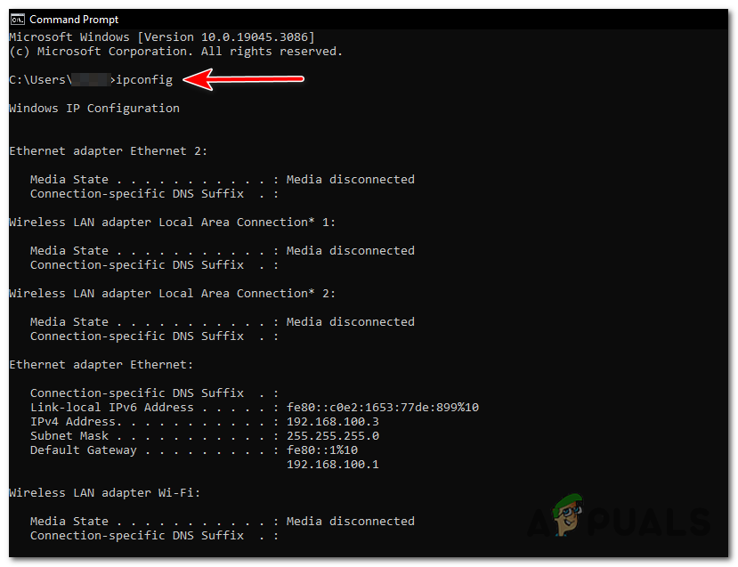 Type "ipconfig" and press Enter to execute the command.