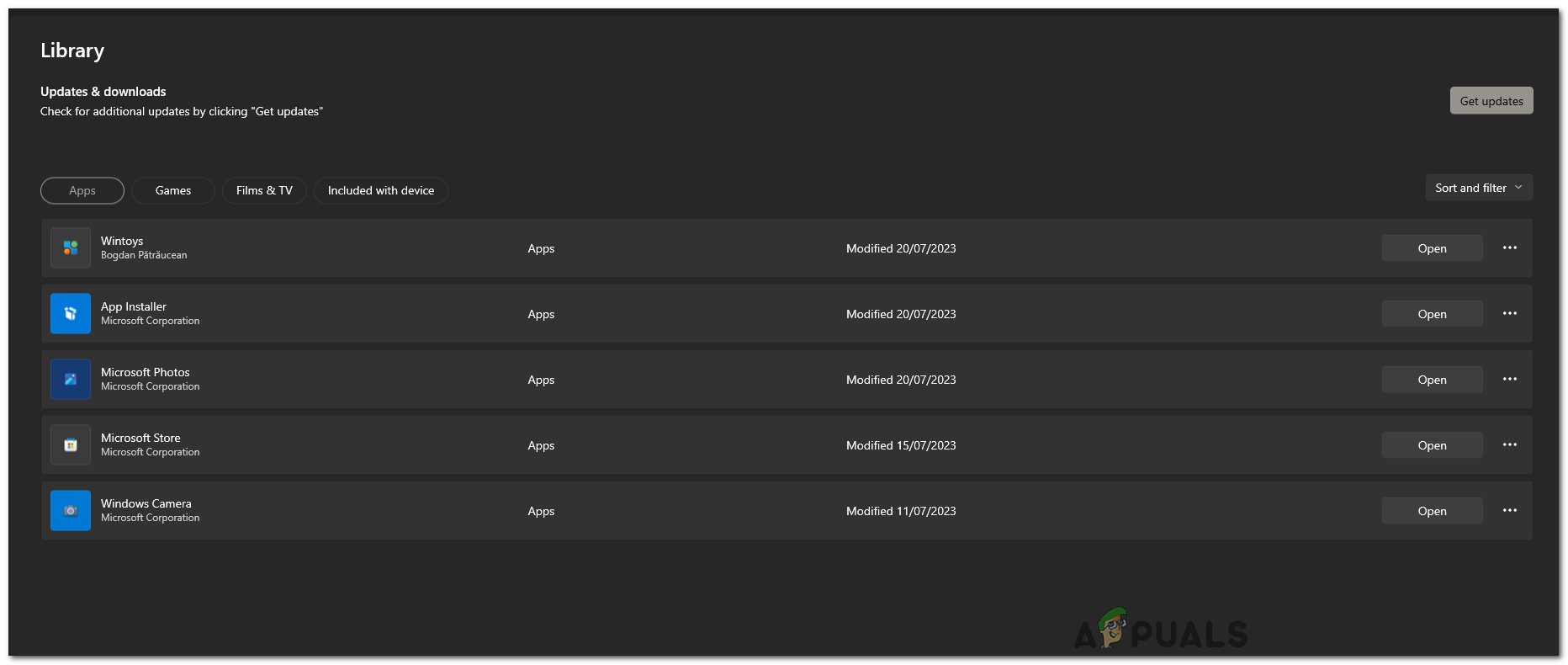 In the "Downloads and updates" section, click on the "Get updates" button.