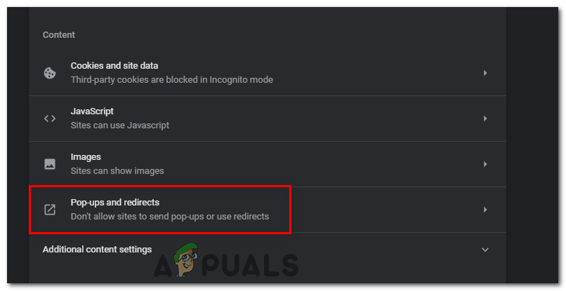 Scroll down to the "Content" section and click on "Pop-ups and redirects."