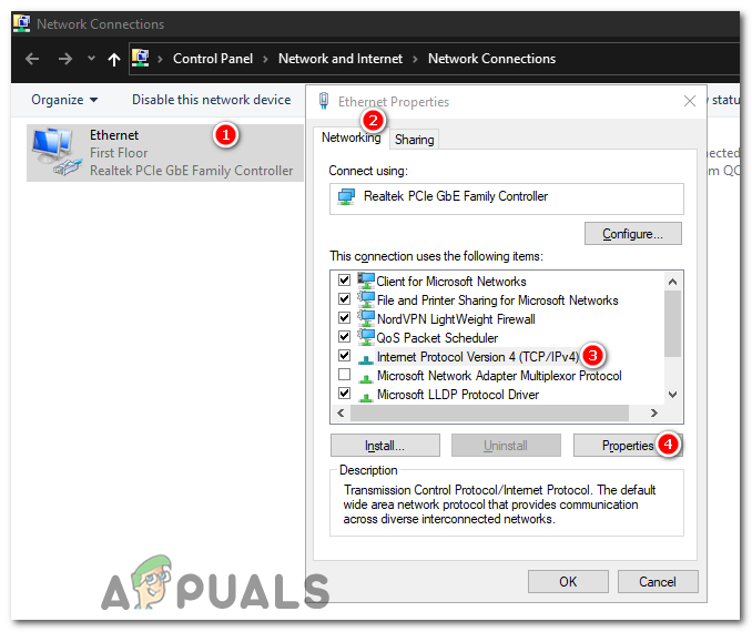 Select "Internet Protocol Version 4 (TCP/IPv4)" and then click on "Properties".