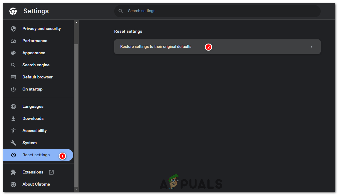 In the "Reset settings" tab, click on "Restore settings to their original defaults".