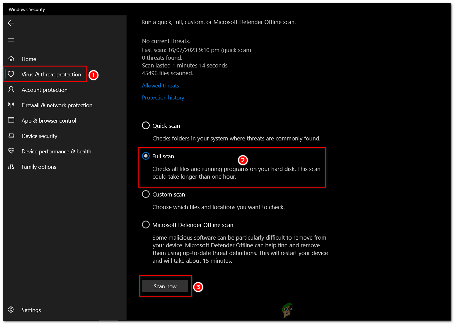 Under "Scan options," choose "Full scan" for a comprehensive check of all files and programs. Then, click on "Scan now."
