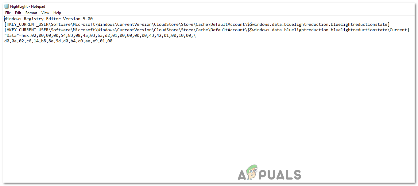 The Night Light script pasted in Notepad.