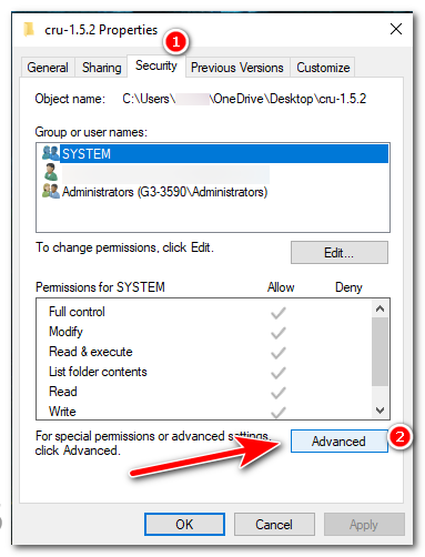 In the "Security" tab window, press the "Advanced" button.