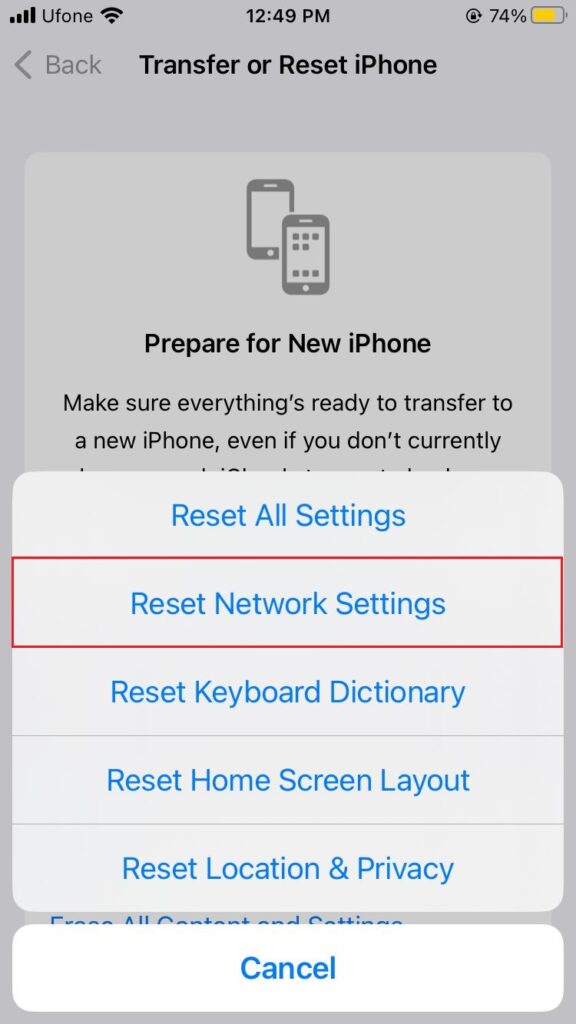 iphone reset network settings