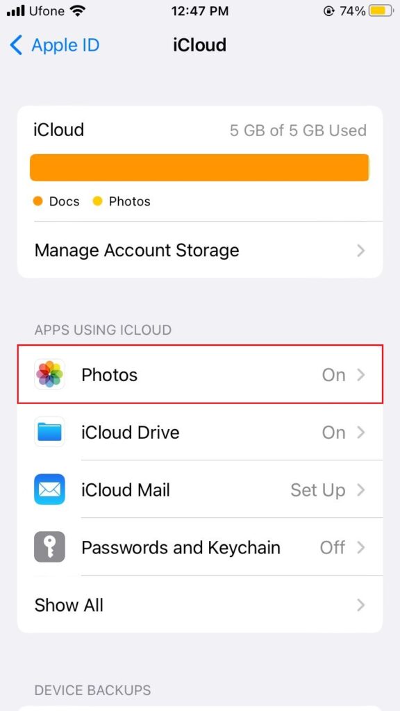 photos in icloud settings