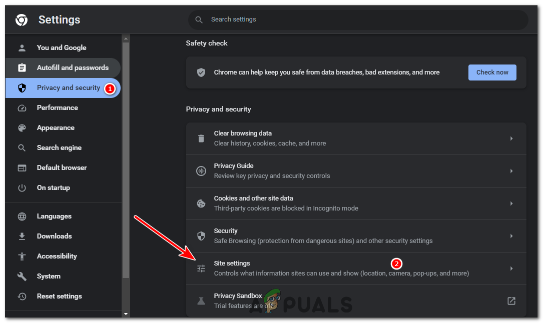 In the settings panel, scroll down to the "Privacy and Security" section and click on "Site Settings."