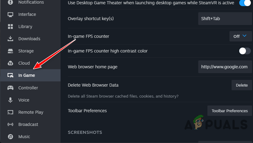 Navigating to In Game tab