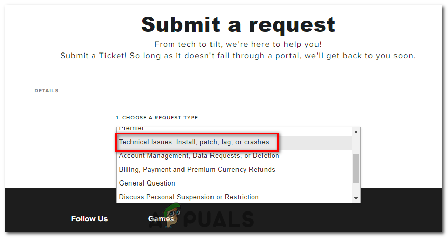 From the drop down menu, select "Techical Issues."