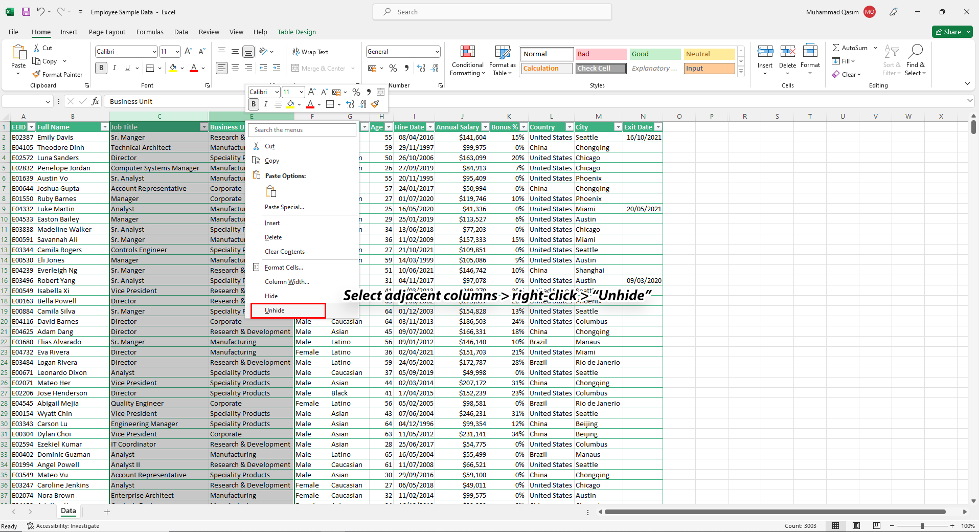 Unhiding columns in Excel