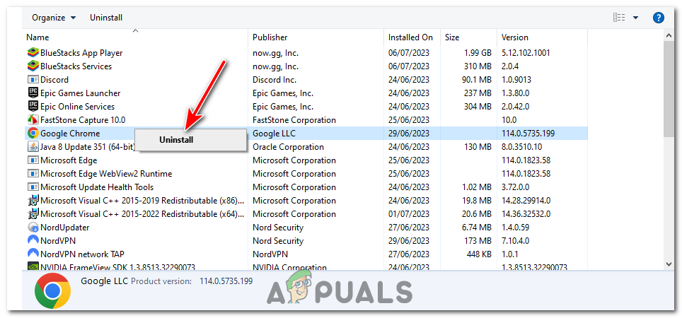 Find Google Chrome, right click on it and then click "Uninstall".