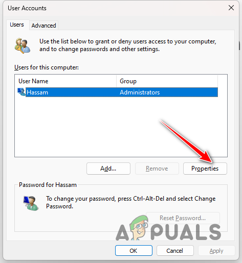 Navigating to User Account Properties
