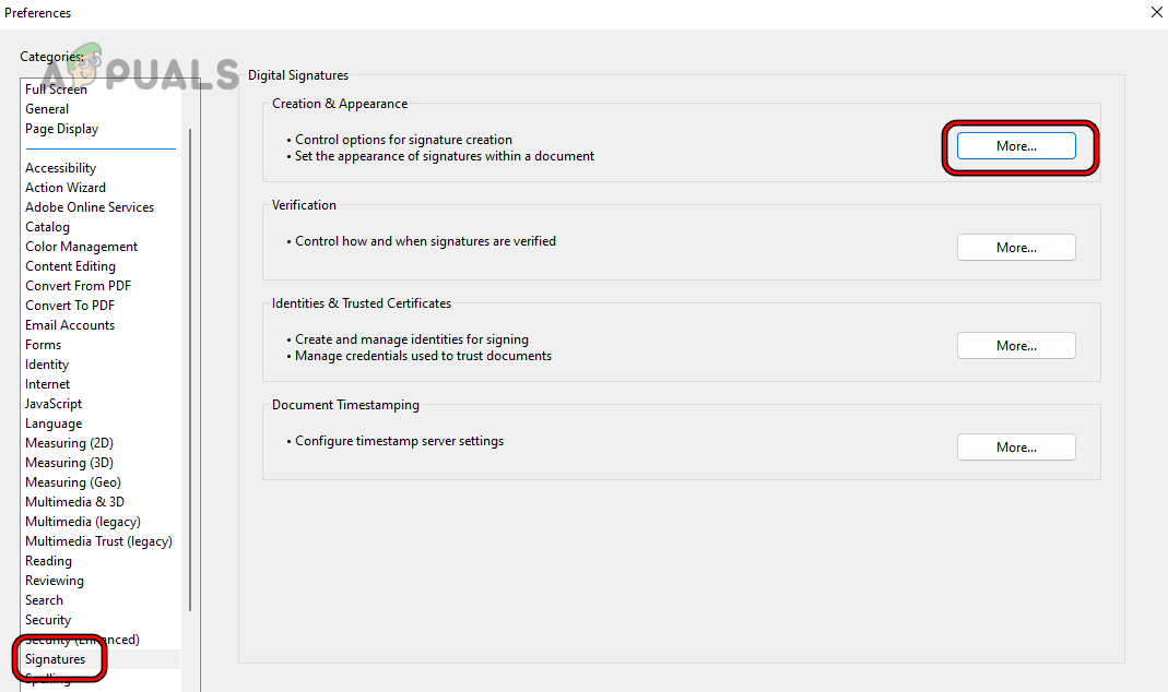 Open More for Creation & Appearance in the Signatures Tab of Adobe Acrobat