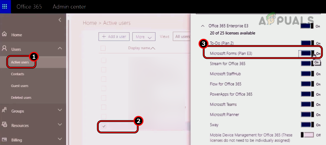 Enable Microsoft Forms for the User in Admin Center of Office 365
