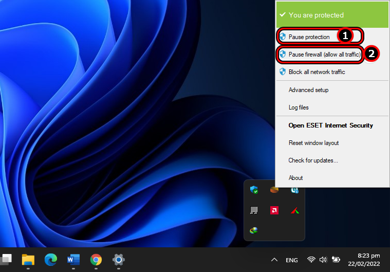 Pause ESET Protection and Firewall