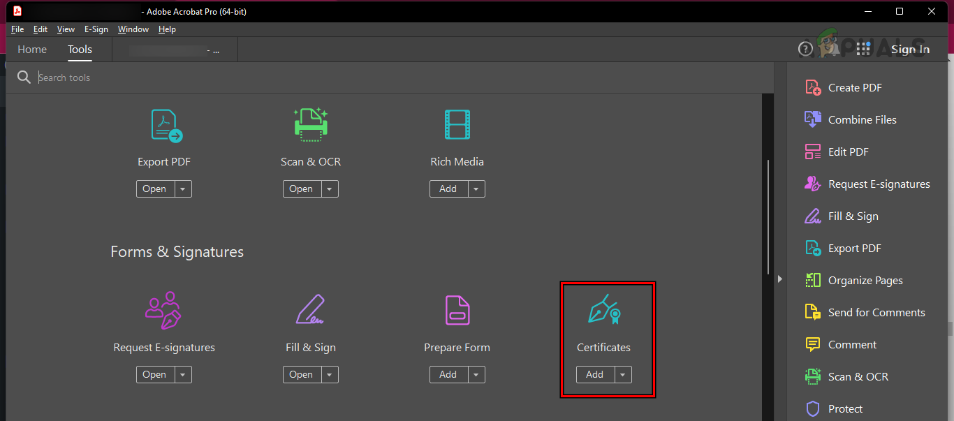 Open Certificates in the Adobe Acrobat Tools