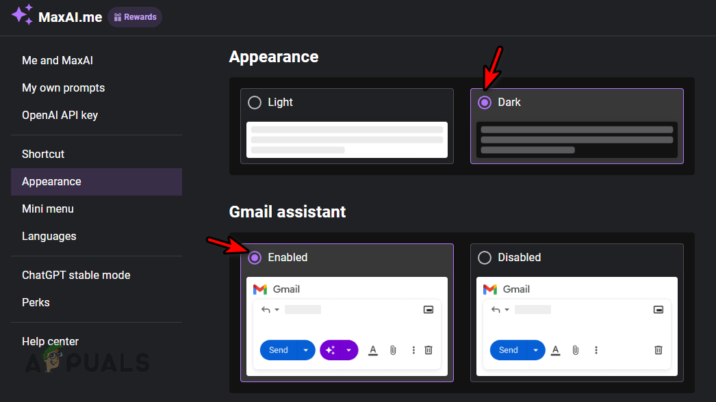 Enable Dark or Light Mode and Enable Disable Gmail Assitance in the Appearence Tab of MaxAI
