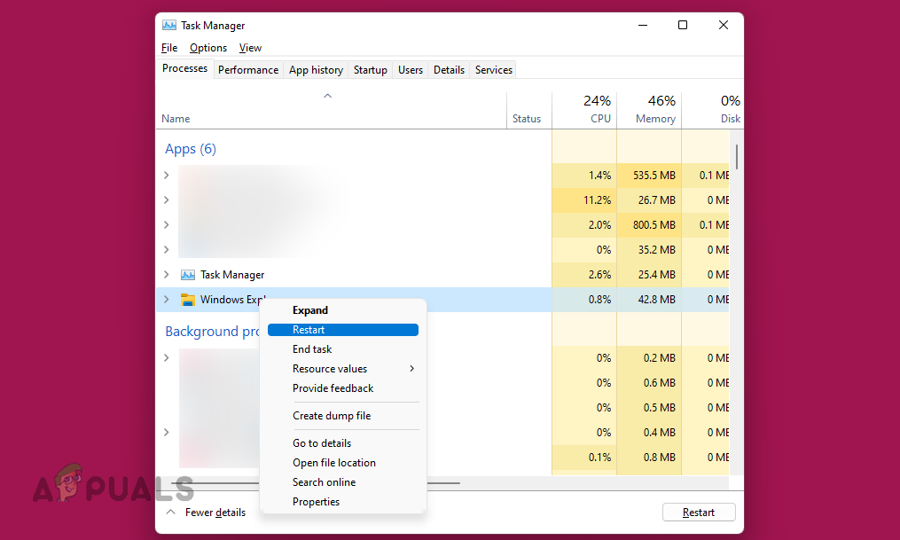 Restart Windows Explorer in the Task Manager