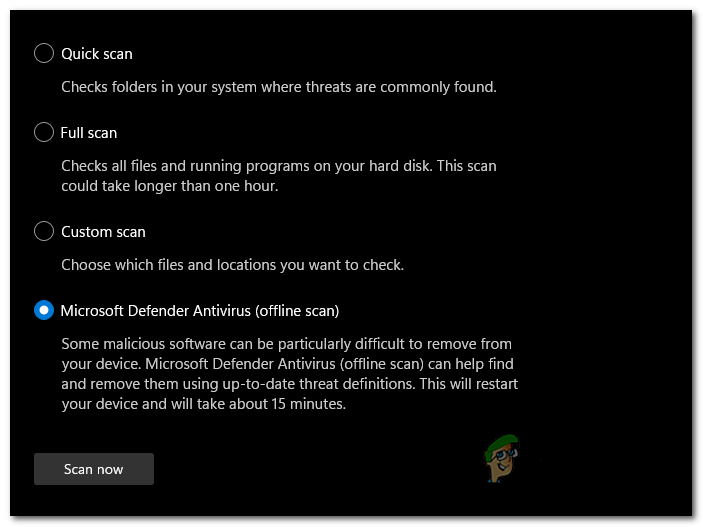 Performing the Windows Defender offline scan